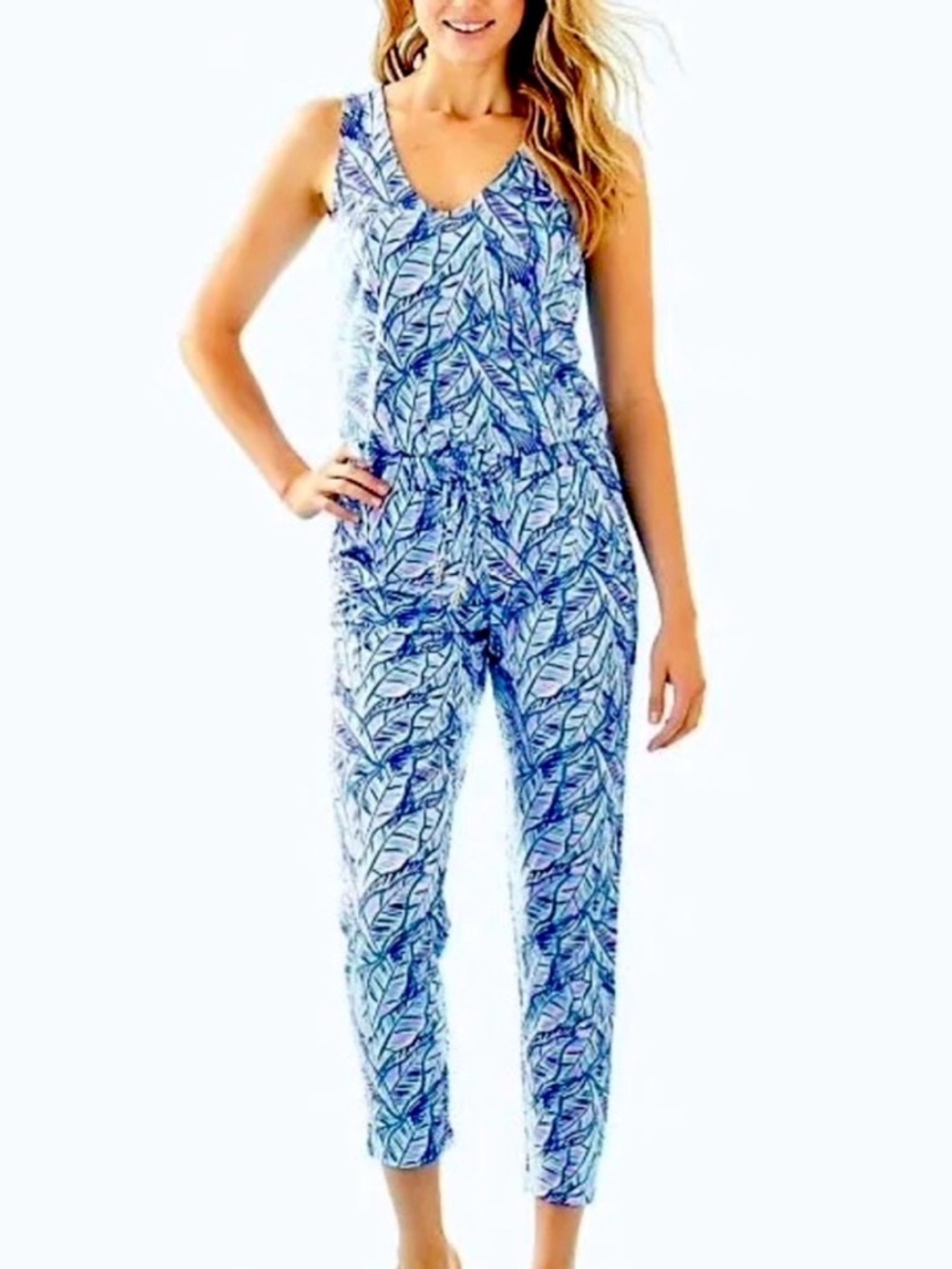 Lilly Pulitzer Blue Green Leaf-Print Jumpsuit